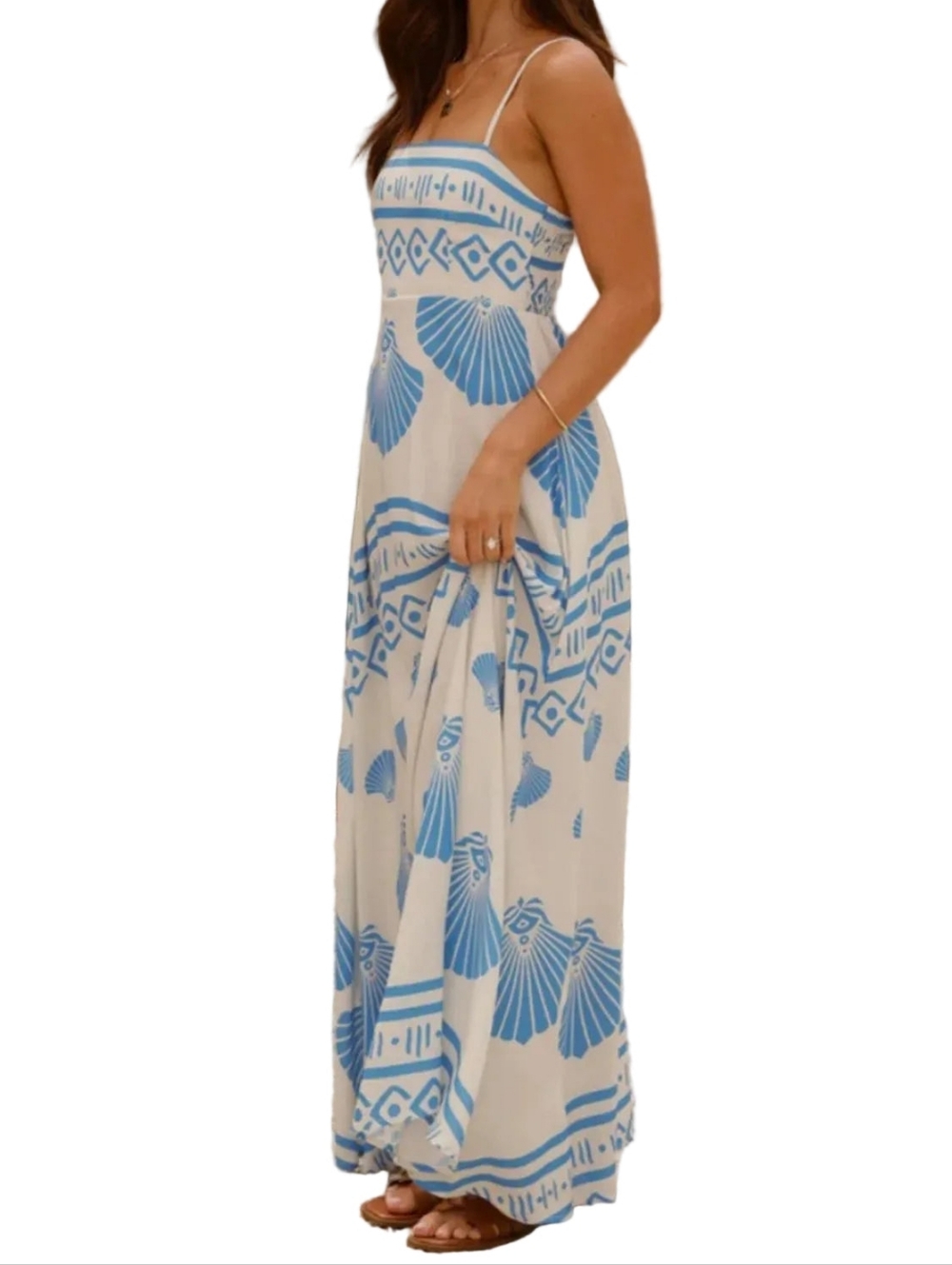 Coastal Seashell Side Pocket Sleeveless Smocked Back Island Beachy Maxi Dress - Picture 4 of 13